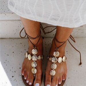 New These Three Boutique Gold and Brown Sandals